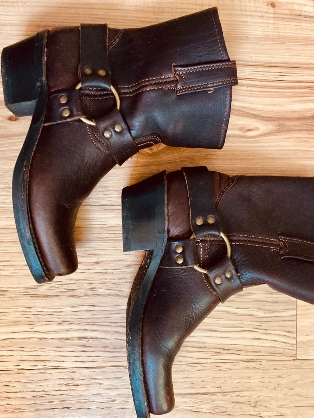 Dark Brown Leather Ankle Womens US 7 Frye Harness Moto Boots Square Toe - Picture 1 of 10